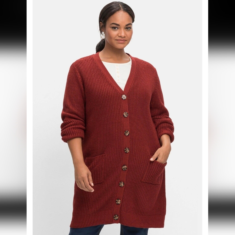 Pink Rose Red Knee Length Button Down Soft Acrylic Cardigan Size M